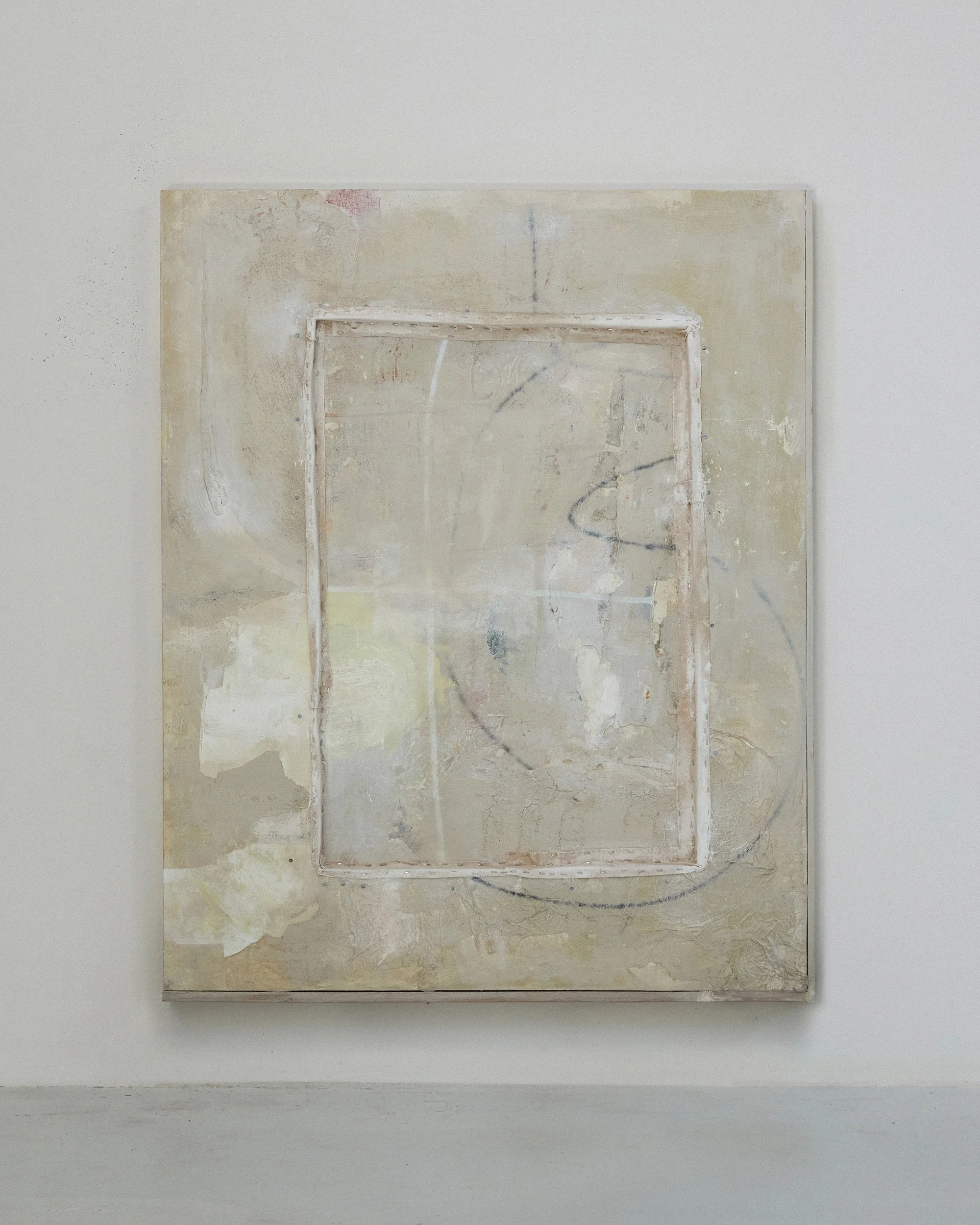untitled, 2025. oil, wax, house-paint, sand, marble dust, paper, canvas and staples on board