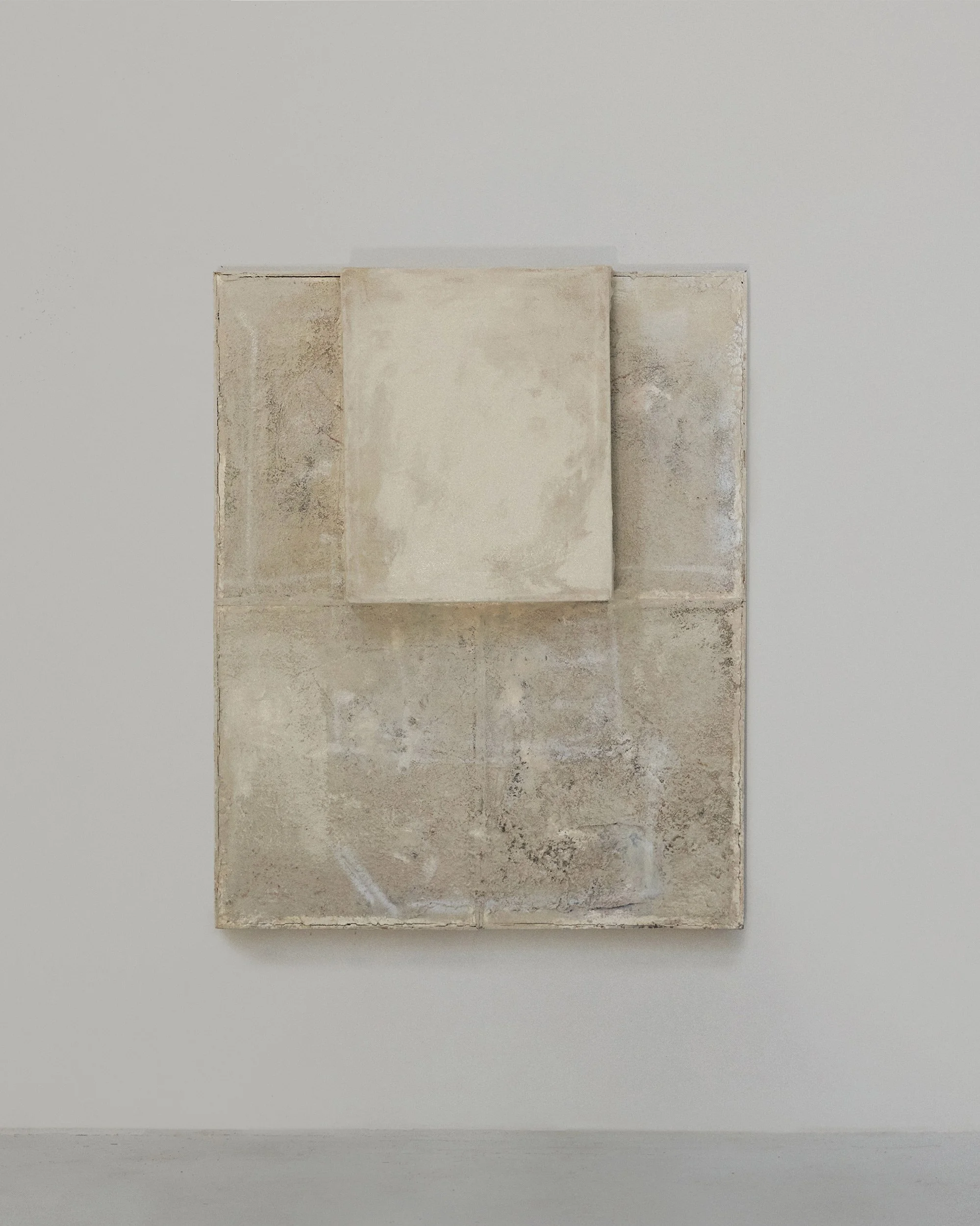 untitled, 2025, oil, wax, house paint, sand, marble dust, and plaster on Dibond with canvas stretche