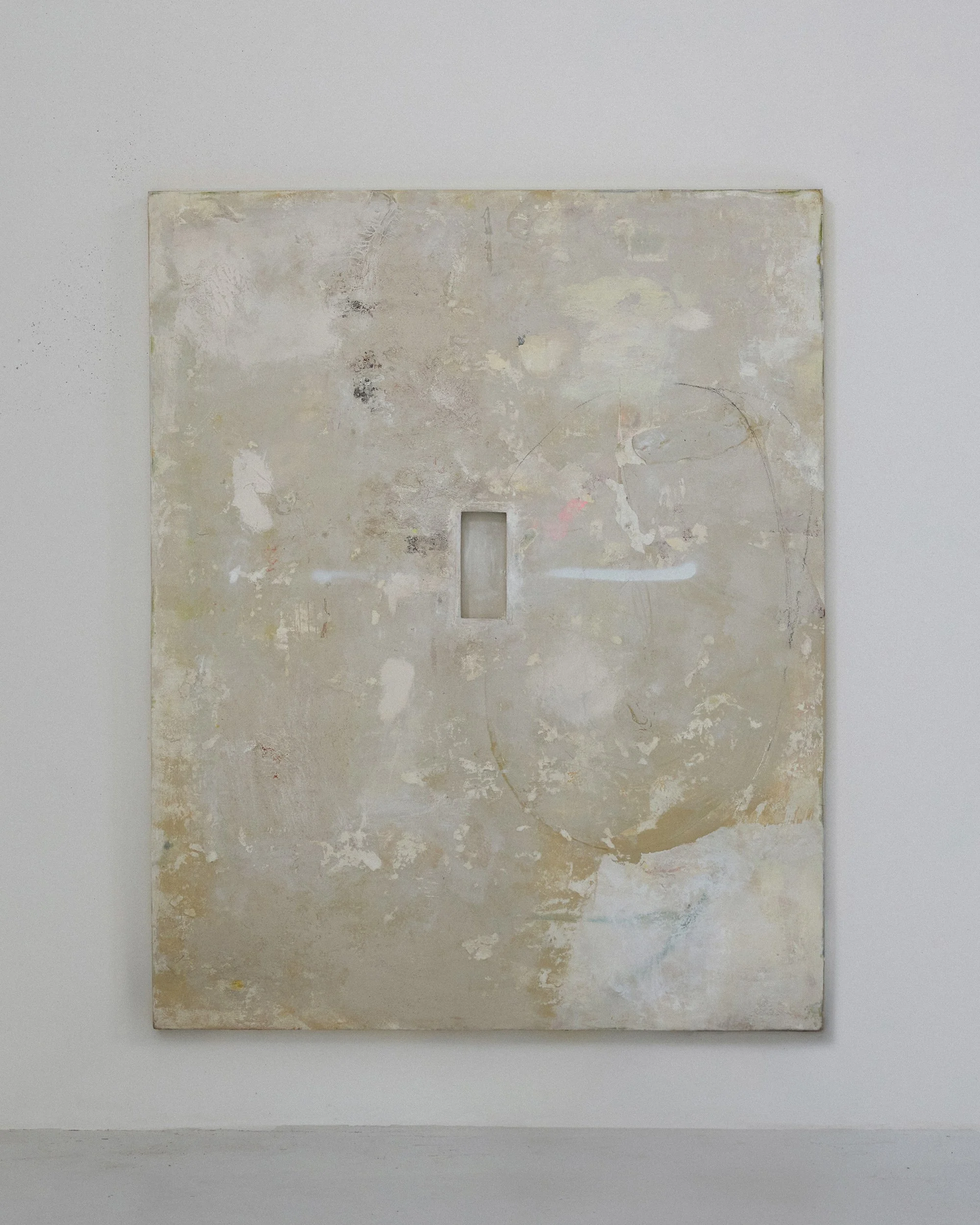 untitled, 2025, oil, wax, house-paint, sand, marble dust, plaster on board, 150 x 120cm