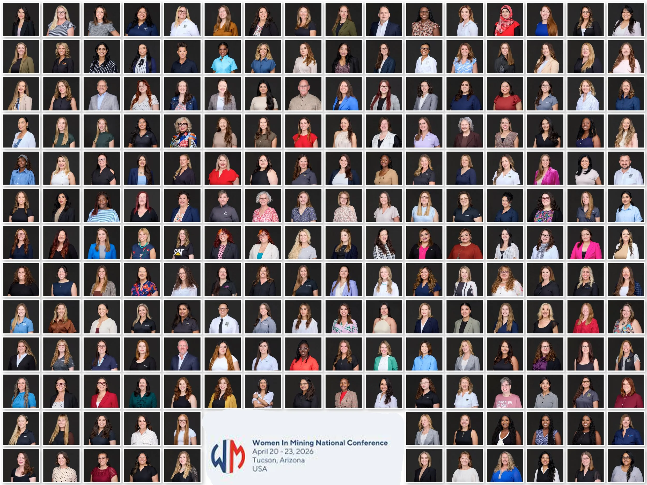 A collage of individual headshots of women and men at the Women in Mining National Conference held in April 2026 in Tucson, Arizona. The collage features diverse professionals smiling against dark backgrounds with the conference details at the bottom