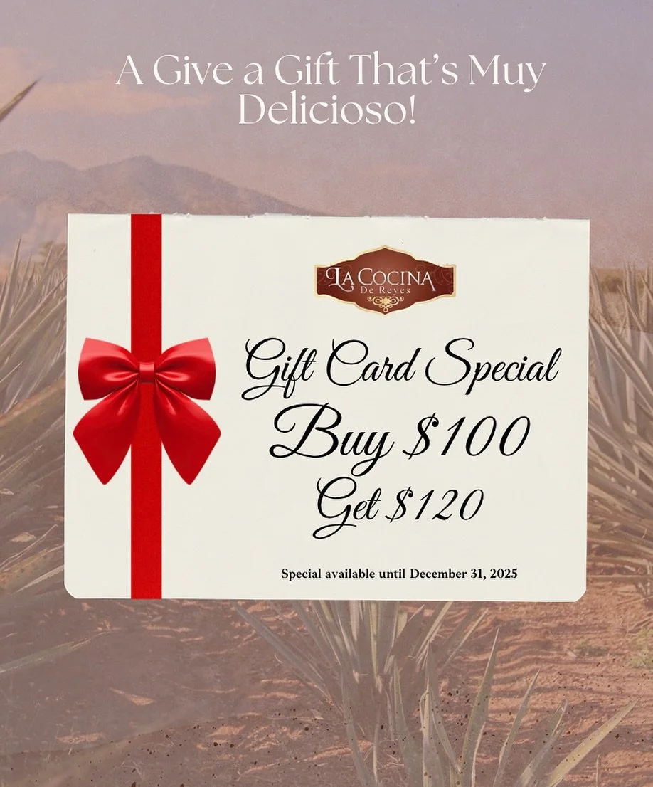 🎄🎁🎅🏼Our gift card special is back for the holidays

🔥🌮🍹Give the gift of Mexican Flavor!💃

🎁When you buy a $100 gift card you&rsquo;ll receive an additional $20 on your gift card!
*Disclaimer gift card cannot be split up into multiple gift ca