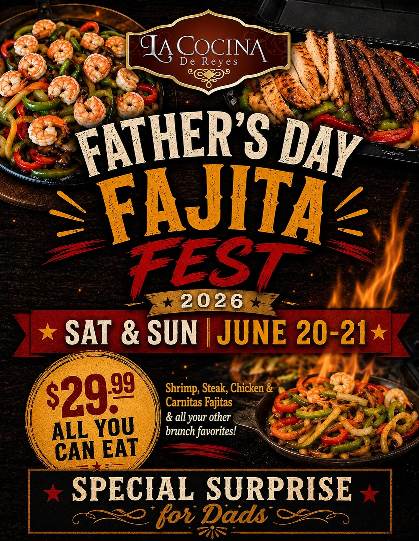 Celebrating Fathers Day Weekend with our Fajita Fest! 
Enjoy All You Can Eat of our Favorite Fajitas, Shrimp, Steak, Carnitas &amp; Chicken, and all your brunch favorites likes chilaquiles &amp; more! All for $29.99!! 🙌😍 
Check out the full menu on