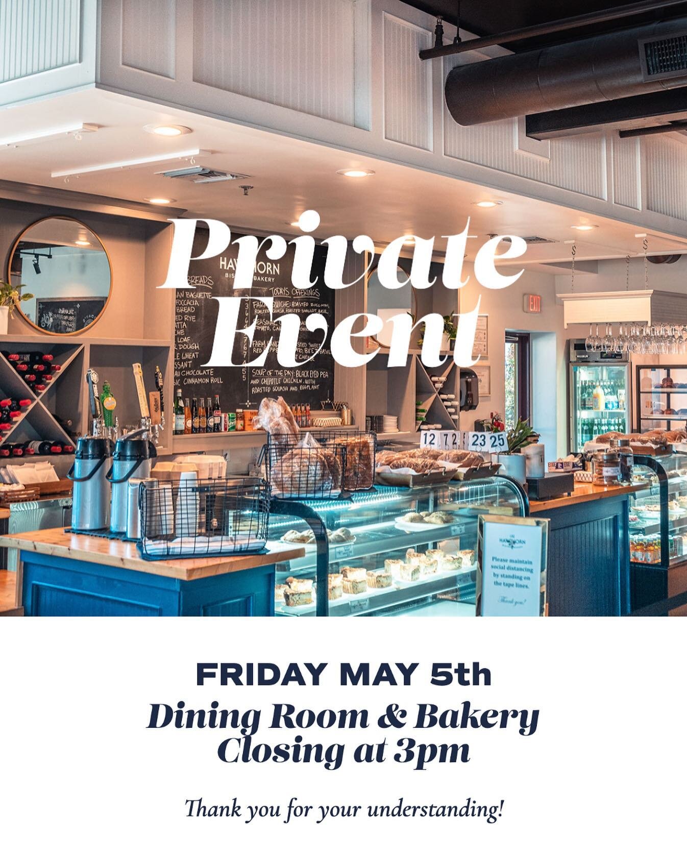 Our dining room will be closing early this Friday (05/05) as we&rsquo;ll be hosting a private event. Our Breakfast Menu will be available as usual, 9am-11pm, and Lunch will end an hour early at 3pm. (To-go only starting at 2:30pm)

Thank you for your