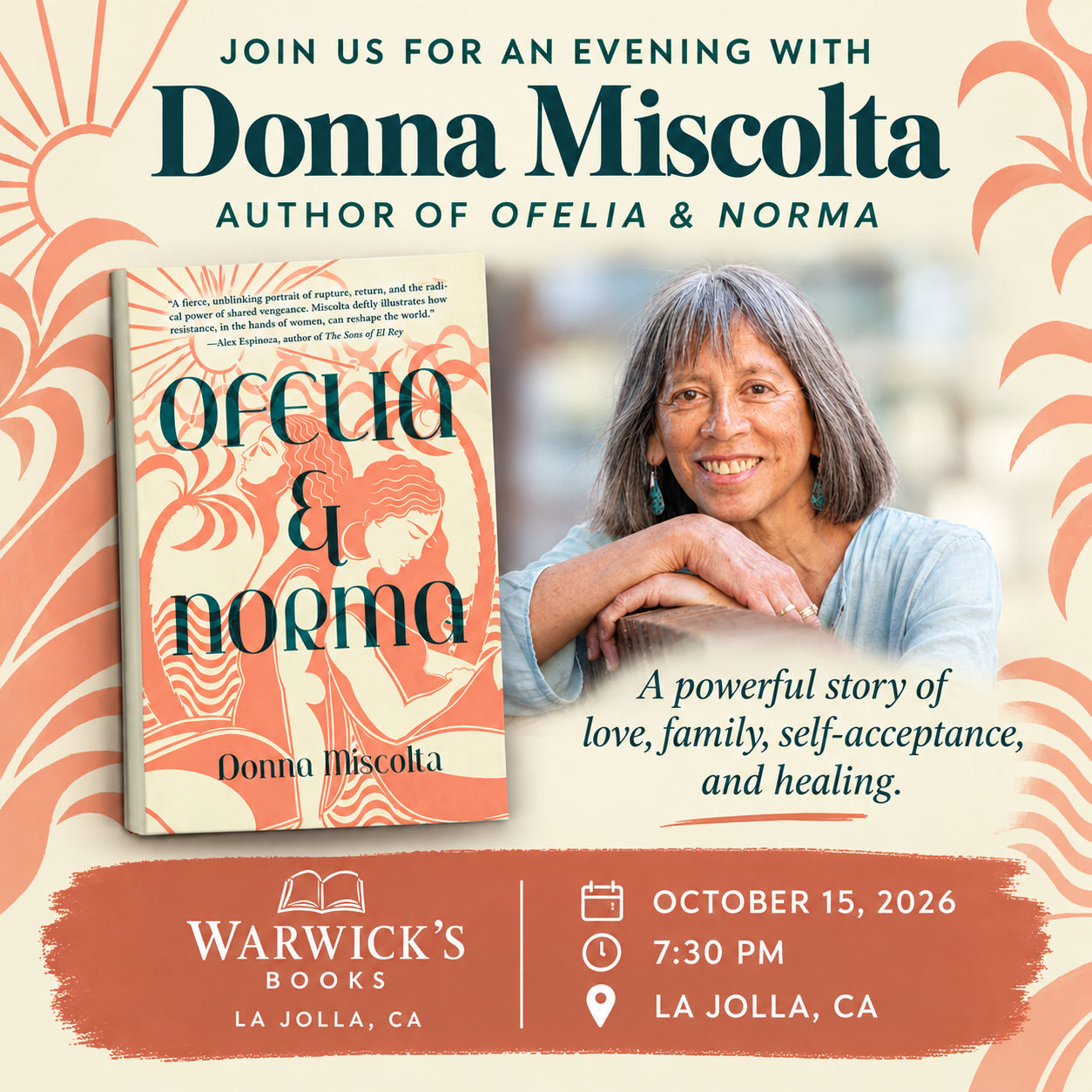 Donna Miscolta will be at Warwick’s in La Jolla, CA