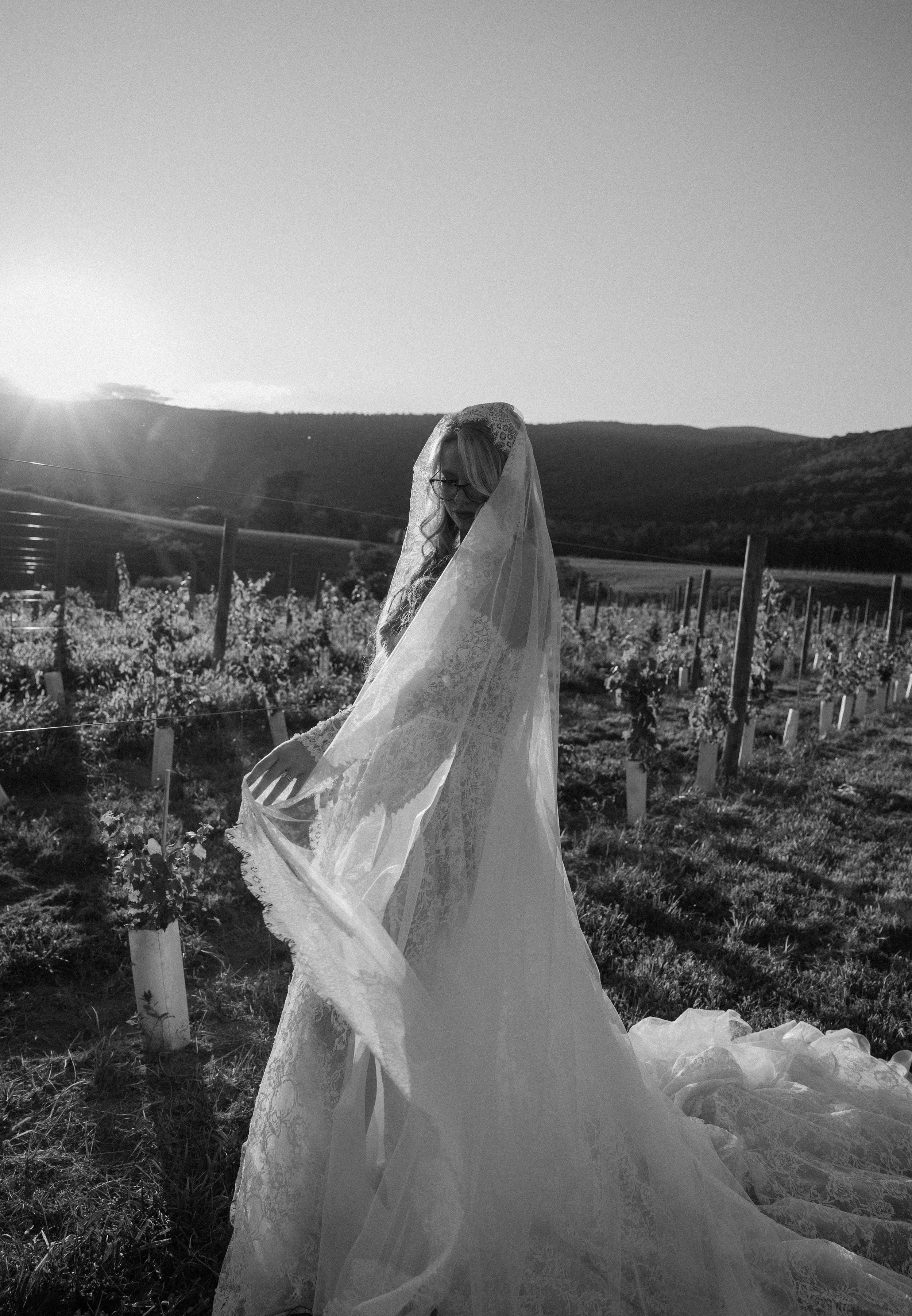 A woman in a wedding dress and veil standing in a vineyard at sunset, with hills in the background.