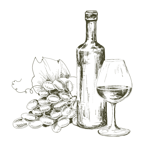 Drawing of a wine bottle, glass of wine, and a bunch of grapes with a leaf.