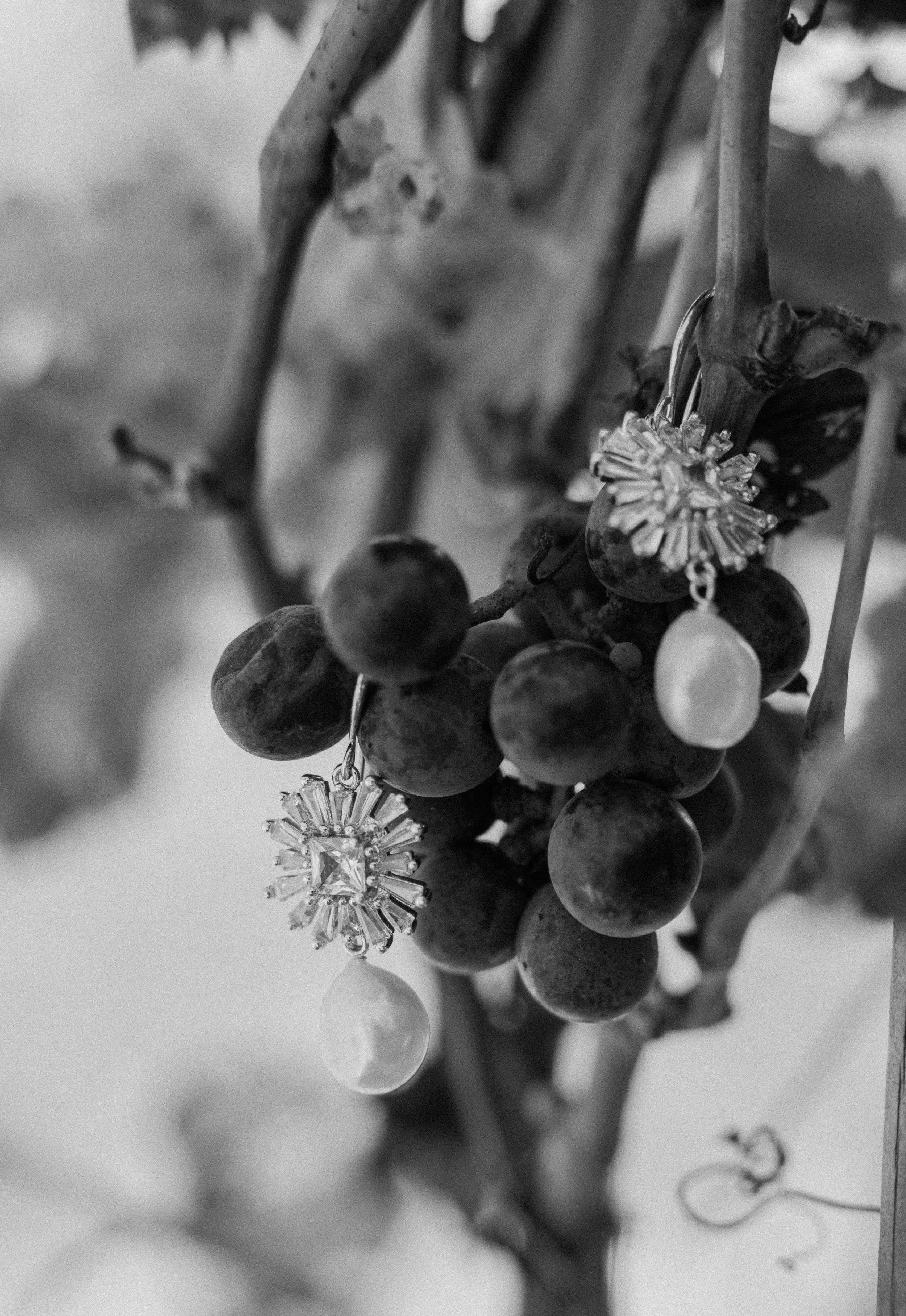 Close-up of a branch with dark berries and earrings, one with a snowflake design, in black and white.