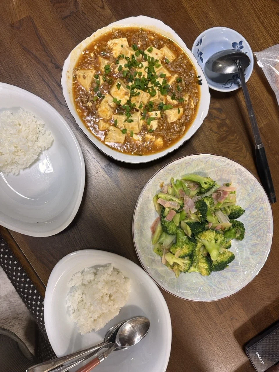 Japanese style Mapo Tofu, stir fried broccoli with ham