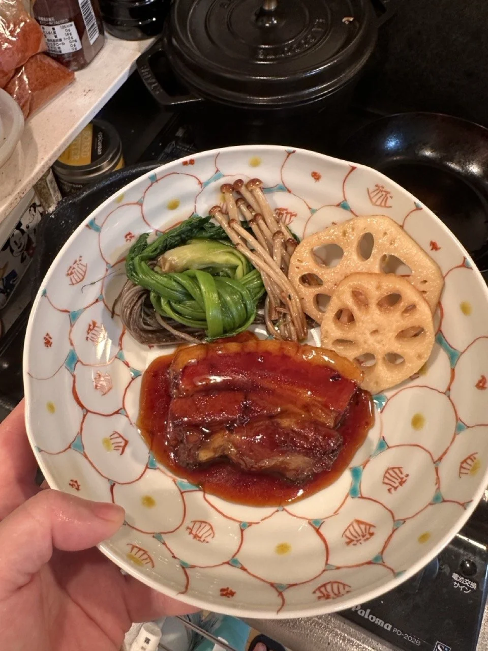 Pork belly braised in caramelized honey and red wine vinegar sauce with Japanese spring solace veggies