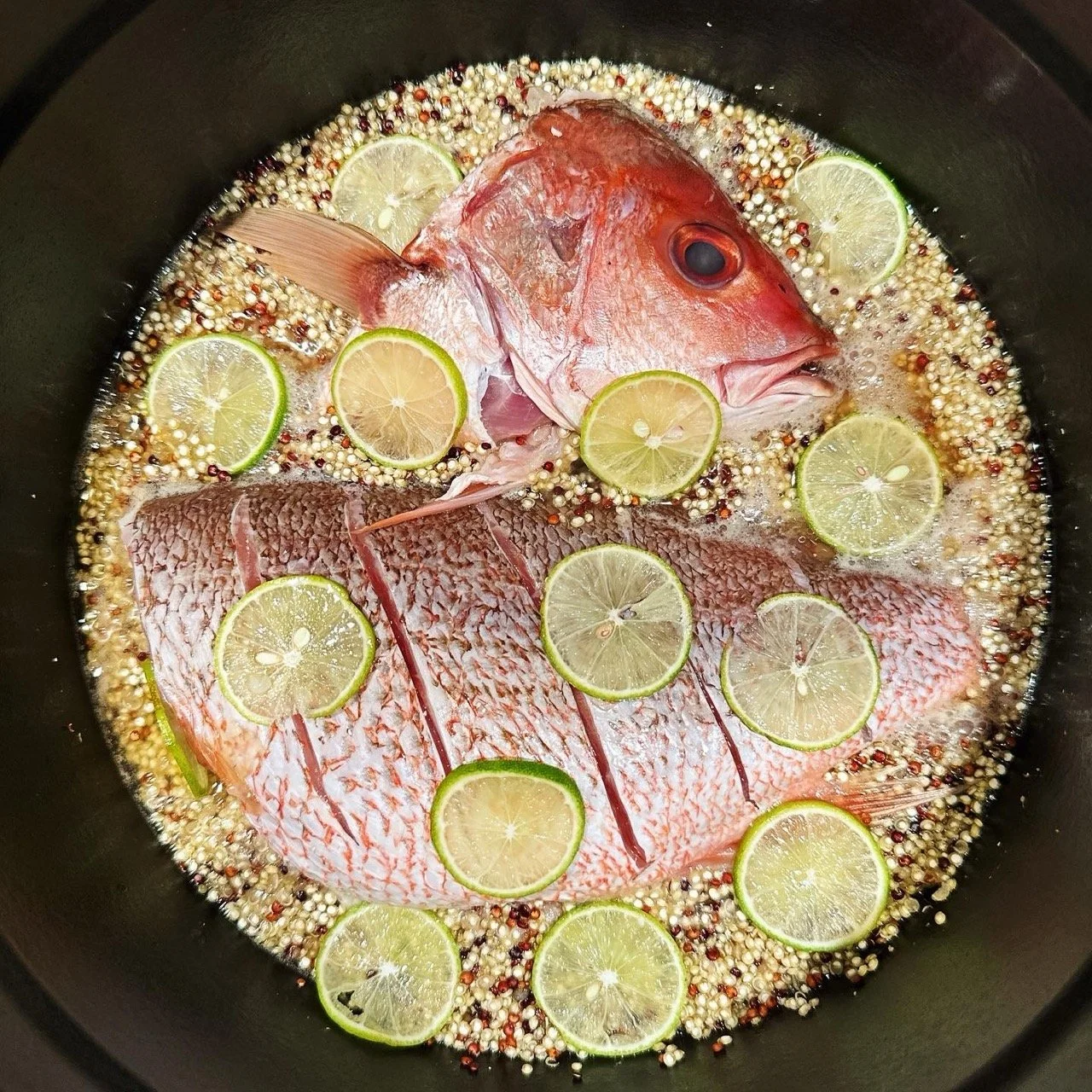 Red snapper quinoa with grapefruit (a fun high protein take on Japanese Tai-Meshi 鯛めし red snapper rice) ; In the making