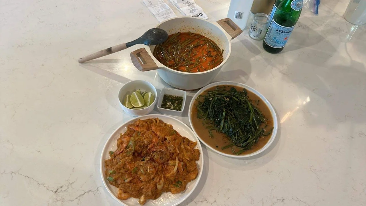 Gaeng Tay Po (water spinach and pork belly red curry), water spinach stir fired, shrimp curry powder stir fried