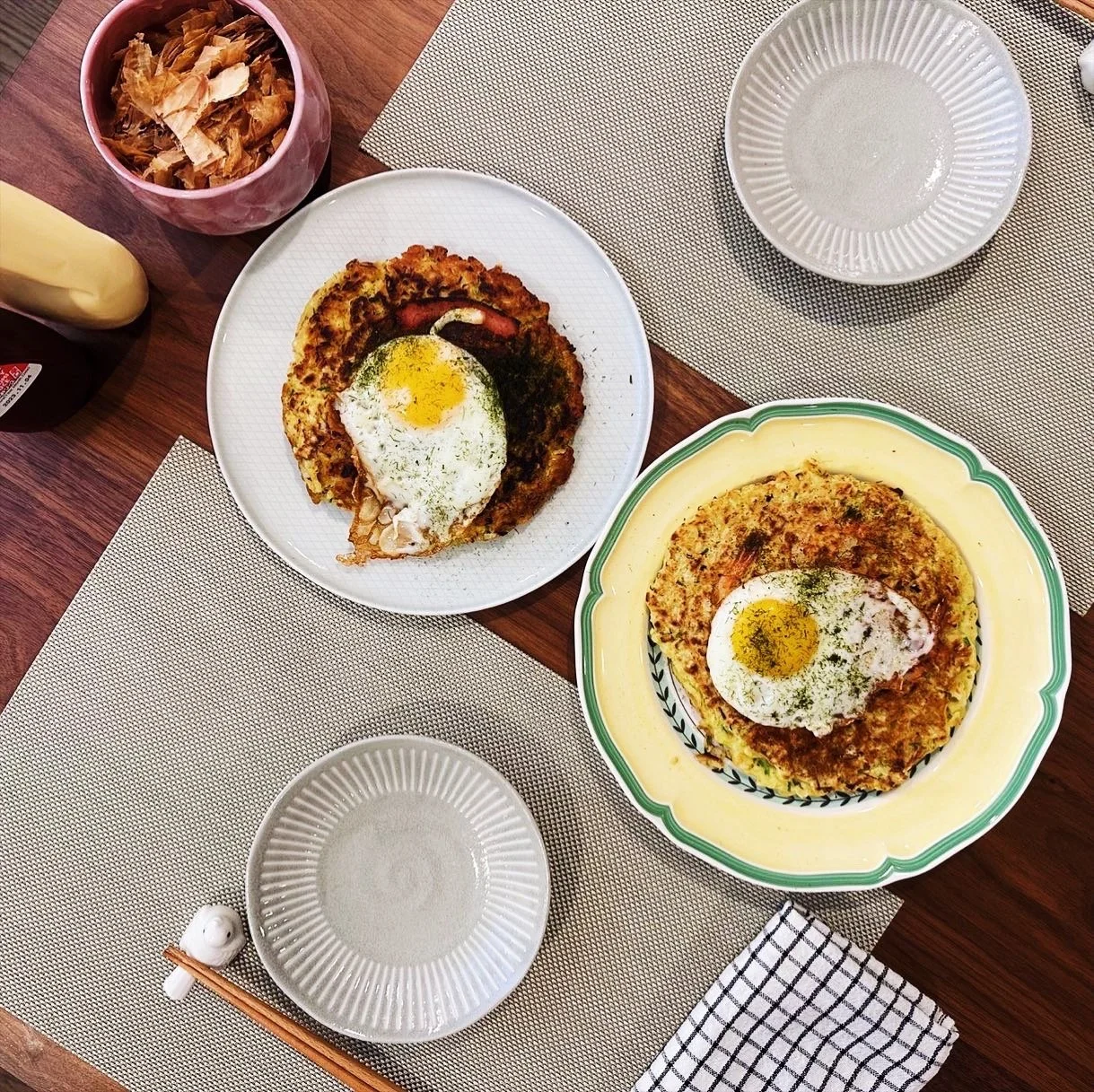 Okonomiyaki with fried eggs