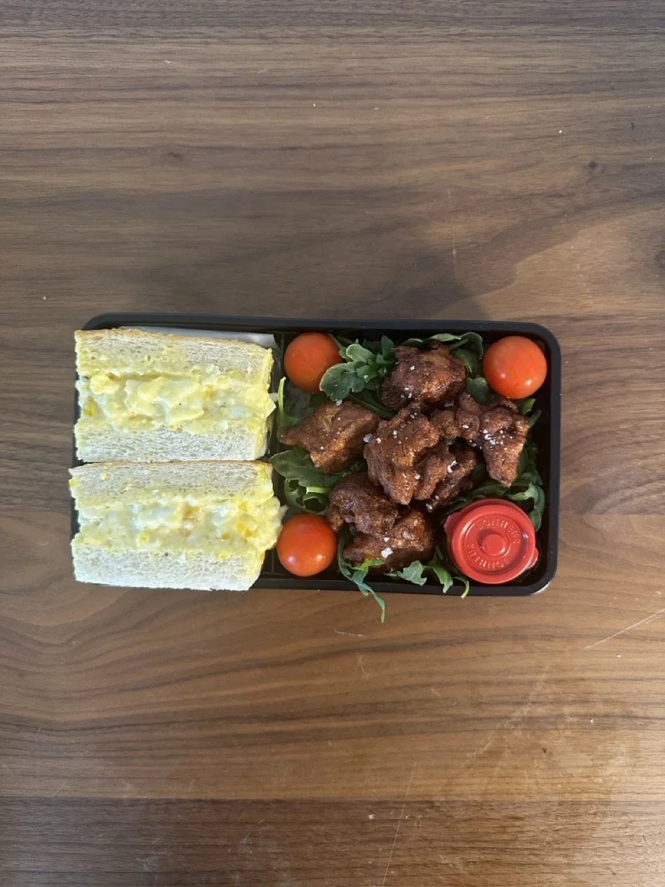 Oyako bento (egg sandwich, karaage over rice