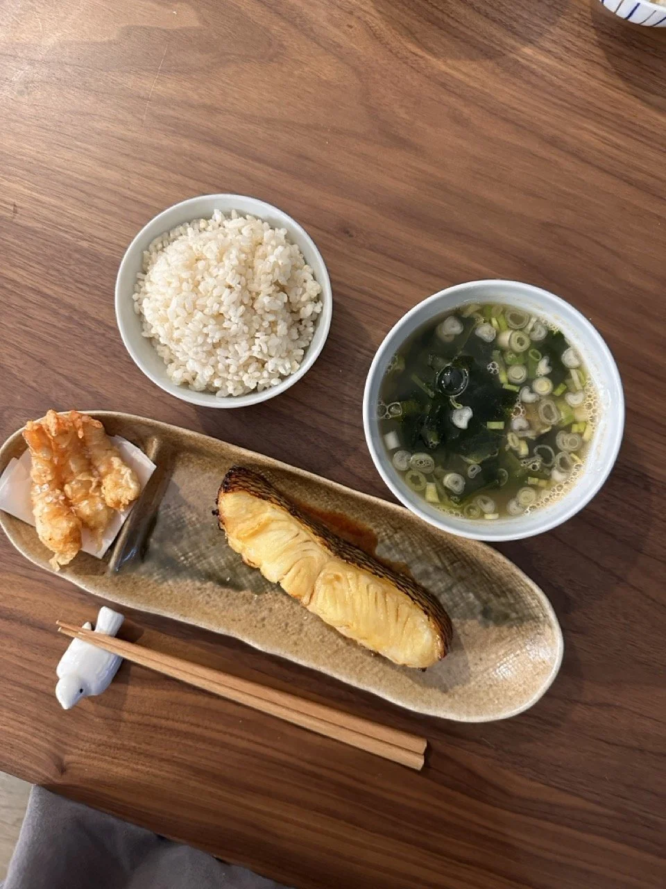 Saikyo-yaki Chilean sea bass, fried shrimp, miso soup