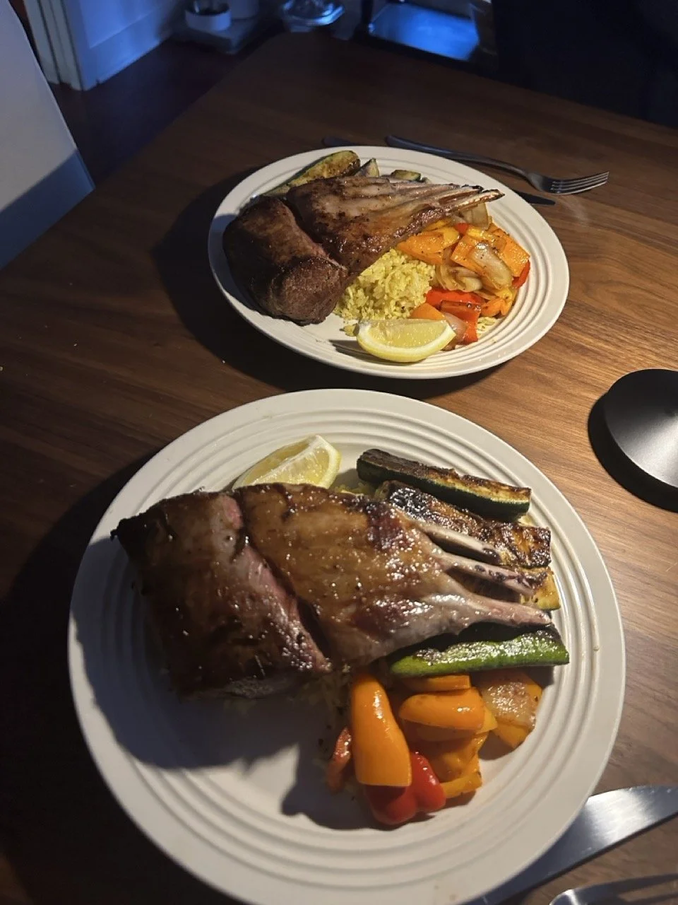 Lamb chops with lime rice, sautéed bell peppers