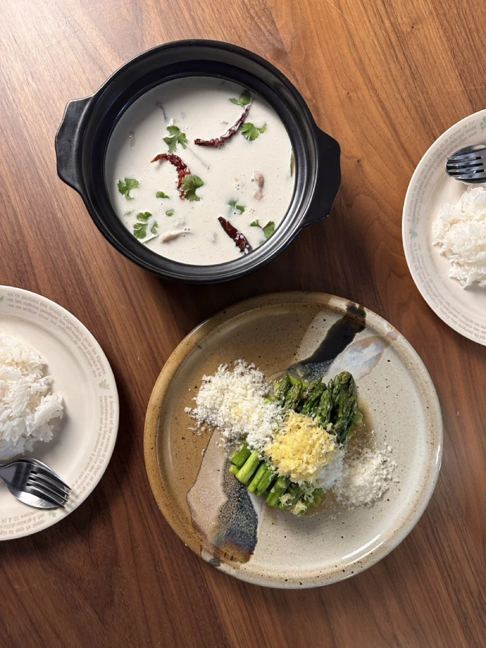 Tom Kha Gai, Asparagus with Parmesan and lemon zest
