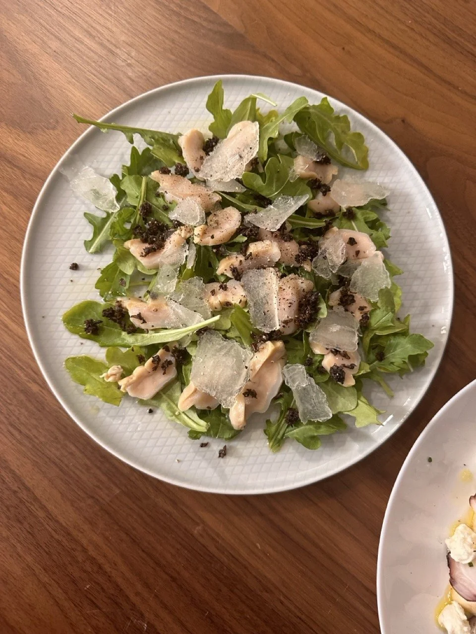 Ne Quittez Pas inspired arugulas salad with geoduck, mushroom duxelle, and lime ice sheet