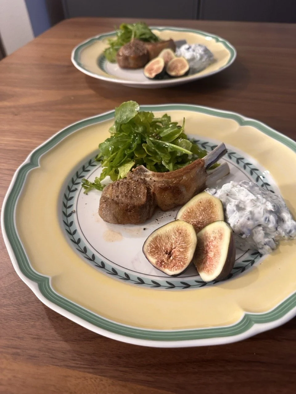 Lamb chop with arugula salad, blueberry tzatziki and fresh figs