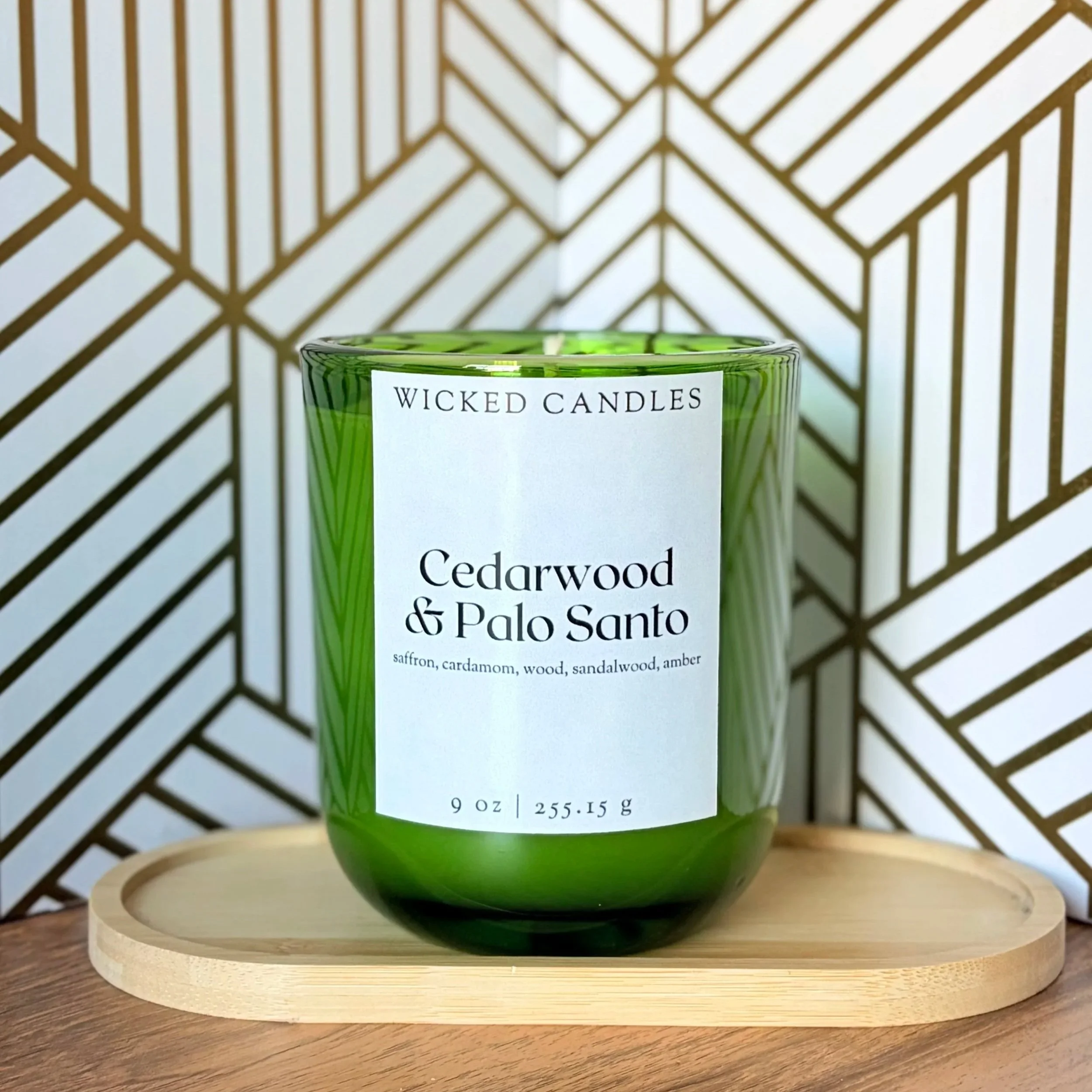 cedarwood and palo santo scented soy candle