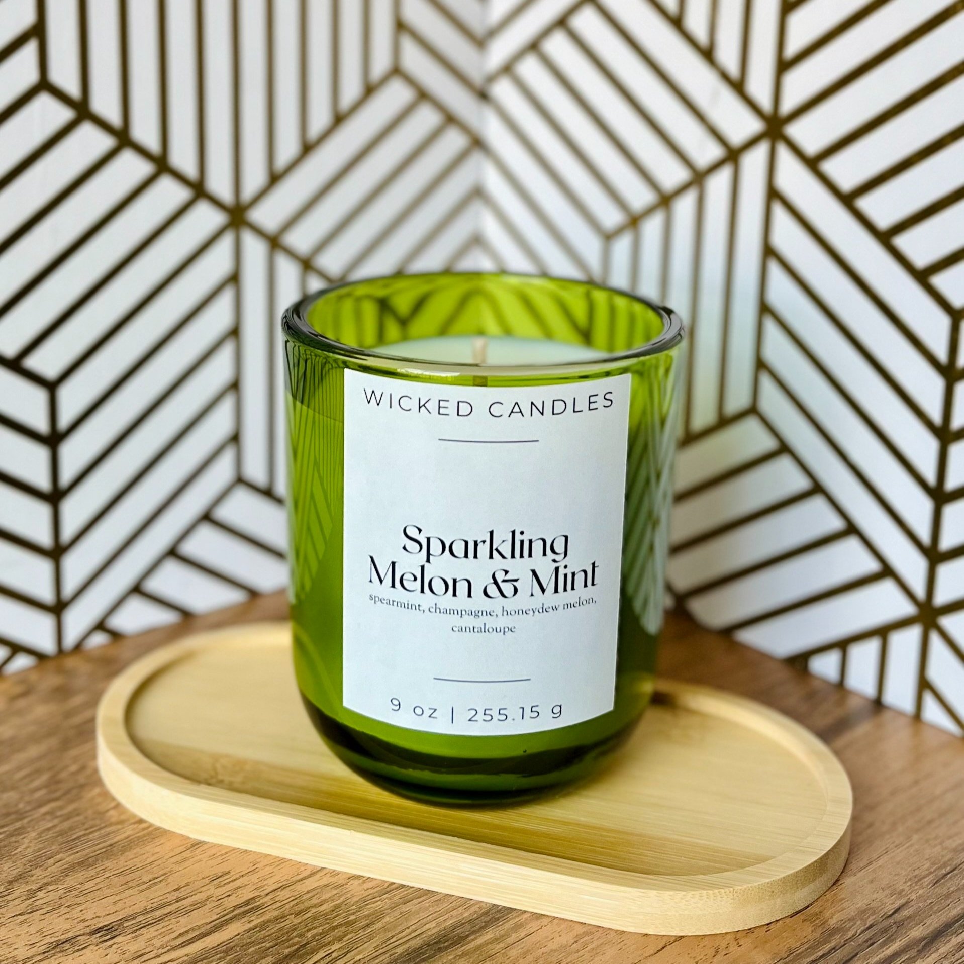 Sparkling melon and mint scented soy wax candle in a 9 ounce sonoma tumbler jar.