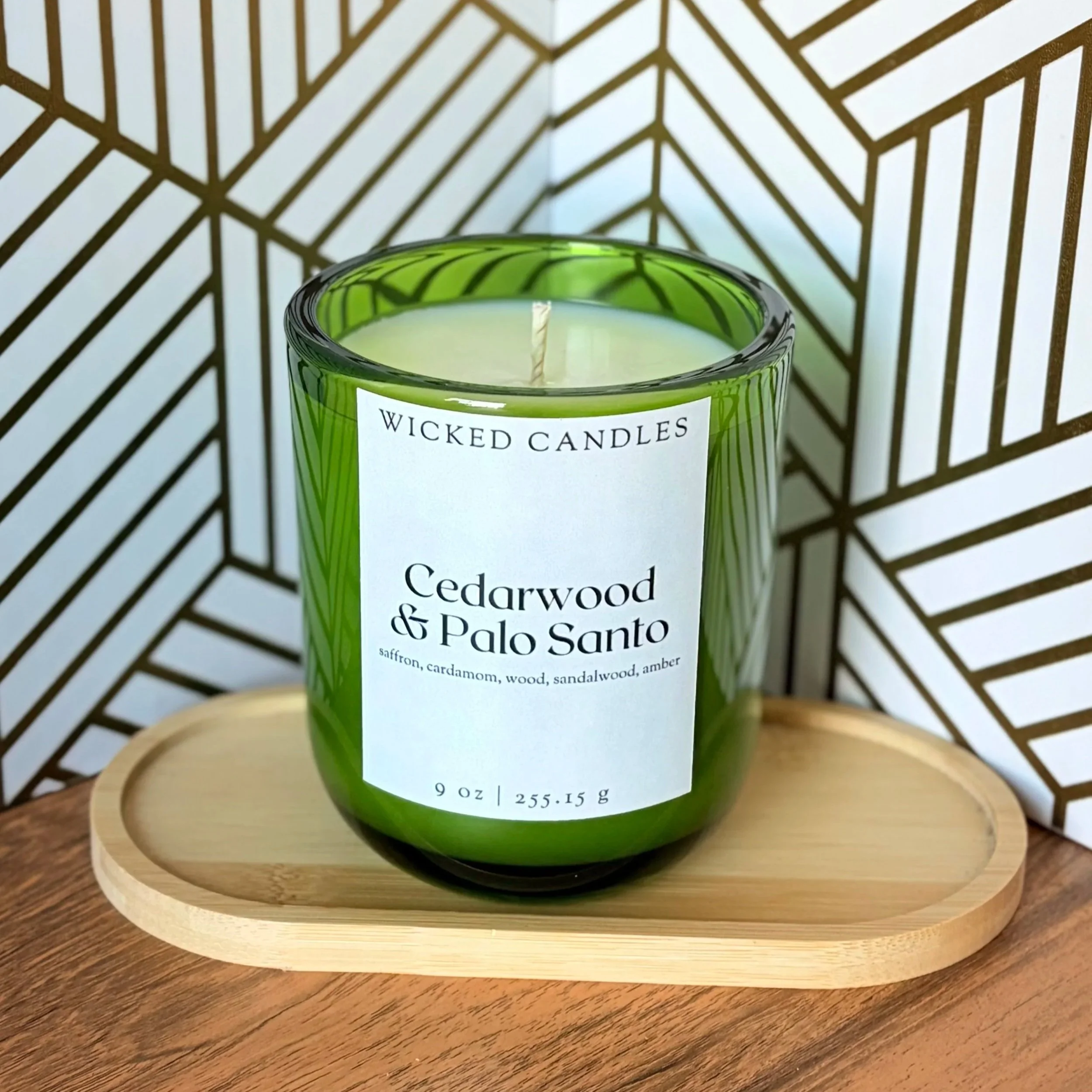 cedarwood and palo santo scented soy candle
