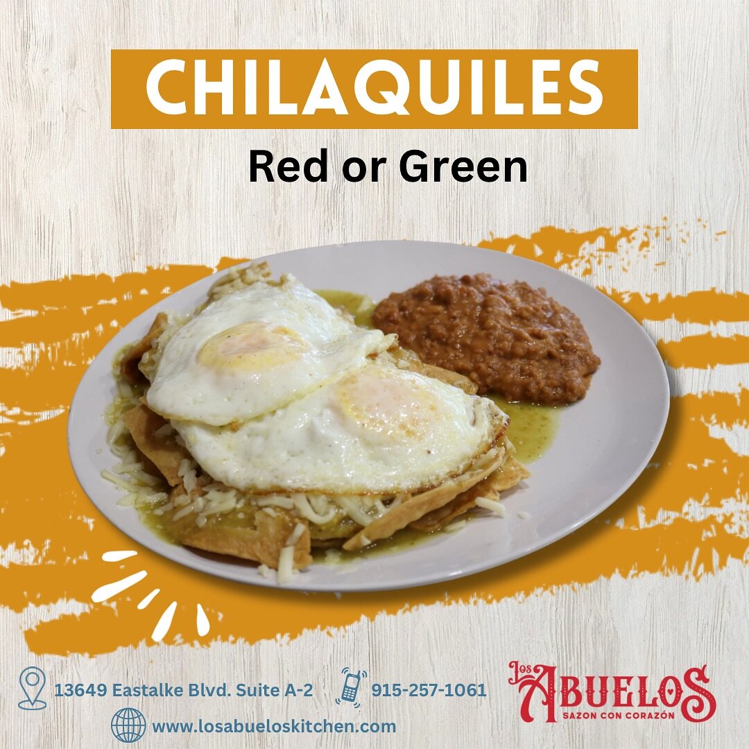 Sundays call for breakfast and lunch at Los Abuelos!

Featuring our delicious Chilaquiles made with our homemade green or red sauce and served with beans or hash browns.

📍13649 Eastlake Blvd. Suite A-2
www.losabueloskitchen.com. 

#eptx915 #elpasob