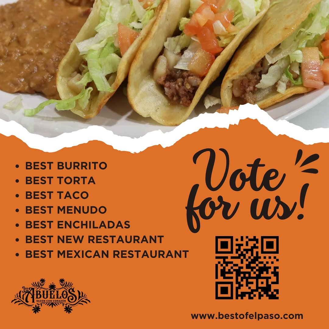 Vote for us as the Best of El Paso! The Best of El Paso awards contest hasreturned and we need your help to take 1st place. 

Click here to vote for us today: www.bestofelpaso.com or scan the QR code below. 

Categories include best burrito, torta, m