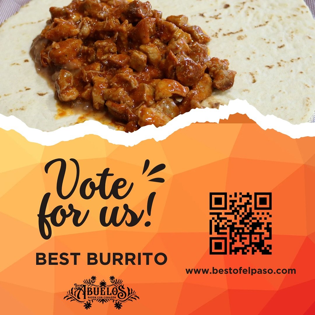 Love our burritos? So do we! Vote for us as the Best of El Paso! The Best of El Paso awards contest has returned and we need your help to take 1st place. 

Click here to vote for us today: www.bestofelpaso.com or scan the QR code below. 

Categories 