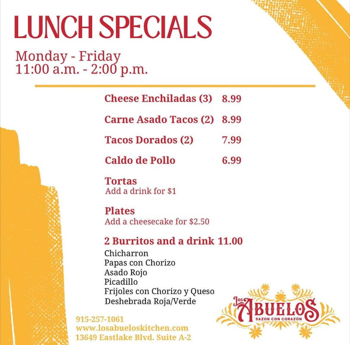 Savor the flavors at Los Abuelos with our tantalizing new lunch specials! 🌮🥑 

Join us for a fiesta of taste that&rsquo;ll make your midday memorable.

#elpasoeats #elpasolocal #elpasolocaleats #elpaso #elpasotx #elpasomexicanrestaurant