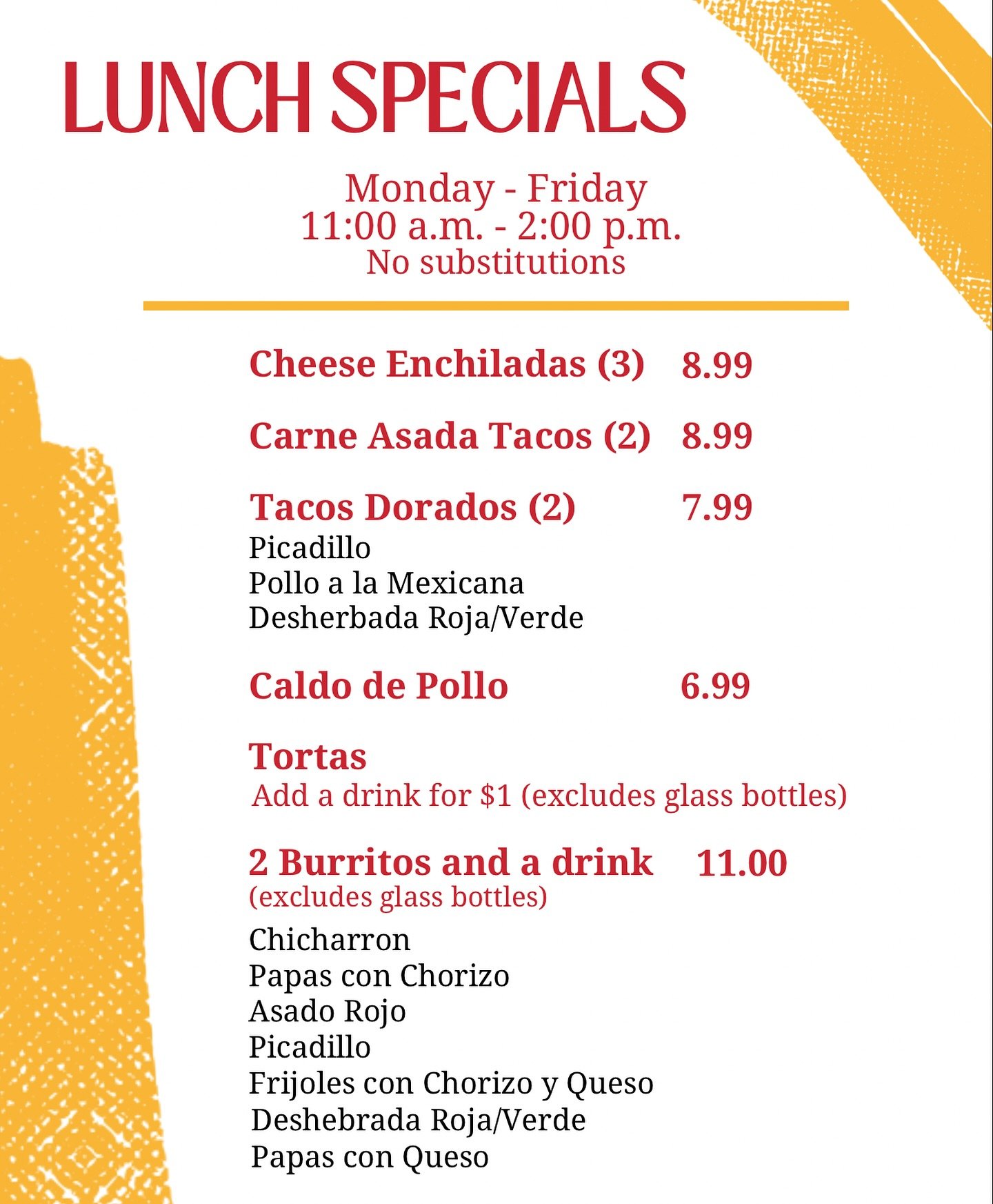 Savor the flavors at Los Abuelos with our tantalizing new lunch specials! 🌮🥑 

Join us for a fiesta of taste that&rsquo;ll make your midday memorable.

📍13649 Eastlake Blvd. Suite A-2
Order online at www.losabueloskitchen.com or by phone 915-257-1