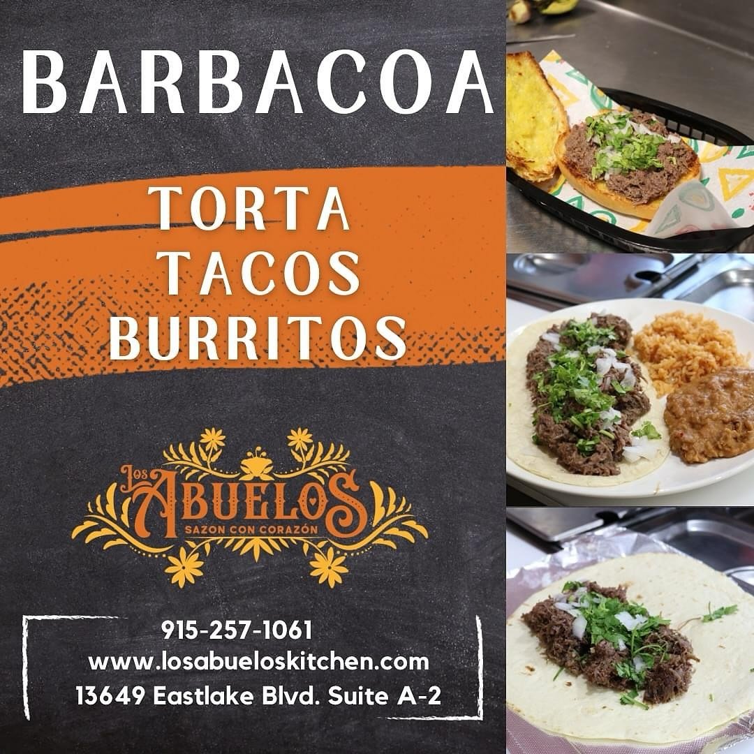 🌮 Barbacoa three ways! 🌮

Torta, taco or burrito, what&rsquo;s your favorite?

Visit us in store at 13649 Eastlake Blvd Suite A-2, order to go or dine in or order online at www.losabueloskitchen.com

#elpaso #elpasotexas #915eats #elpasolocal #barb