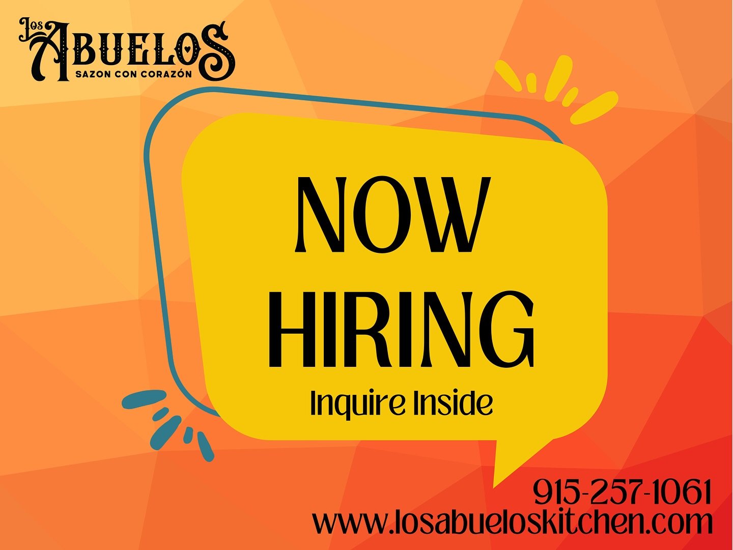 Los Abuelos Kitchen is hiring! We are hiring for kitchen staff with or without experience. Full time and part time available. Please visit us for more information and for an application. 

Los Abuelos Kitchen esta contratando para cocineros y ayudant