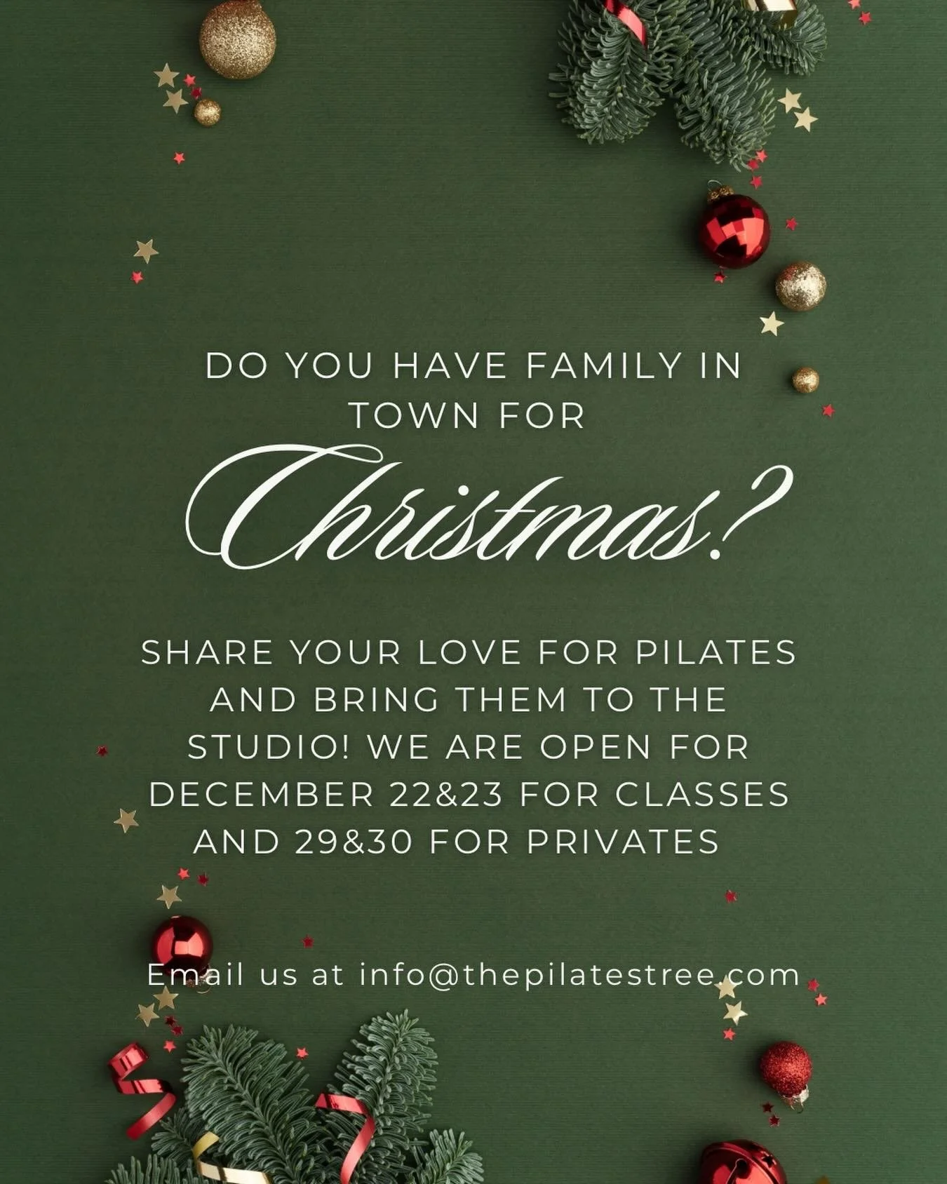 Don&rsquo;t worry&mdash;we&rsquo;re not completely closed over the holidays! 🎄✨ Keep up with your Pilates 💪 and even bring your family 👨&zwj;👩&zwj;👧&zwj;👦 along!
	&bull;	Steph and Caroline will be teaching classes on December 22nd &amp; 23rd
	&