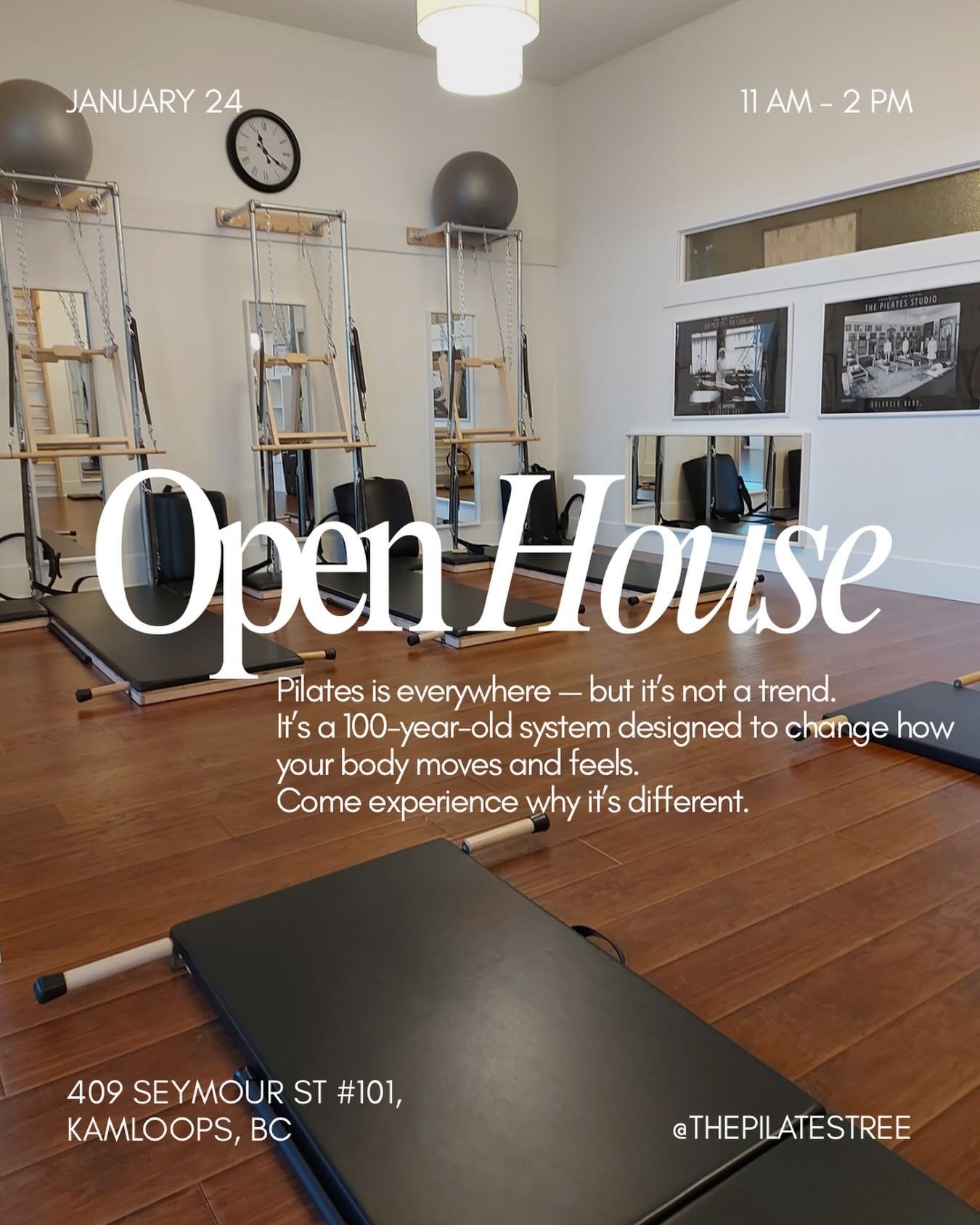 If you&rsquo;ve been curious about Pilates, consider this your sign. 💫
We&rsquo;re the only Classical Pilates studio in the Interior&mdash;
come see what a Classical studio looks like and feel the difference the equipment makes! Join us Saturday, Ja