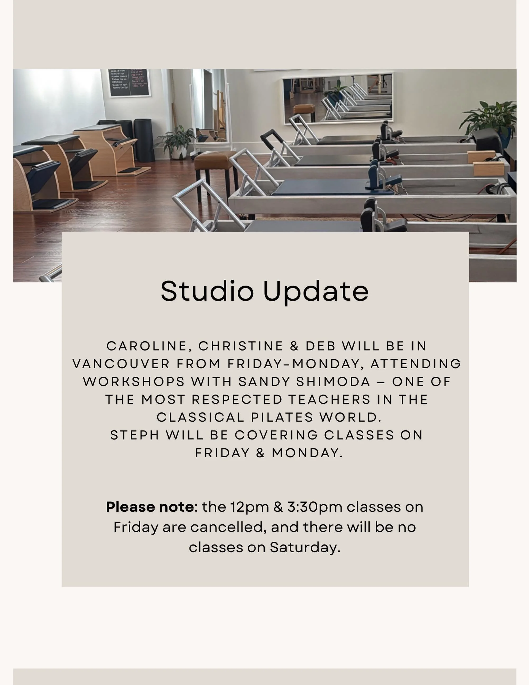 Continuing to learn from some of the best. ✨

Caroline, Christine &amp; Deb will be in Vancouver this weekend for workshops with Sandy Shimoda, deepening their studies in the Classical Pilates Method. We&rsquo;re always committed to continuing our ed