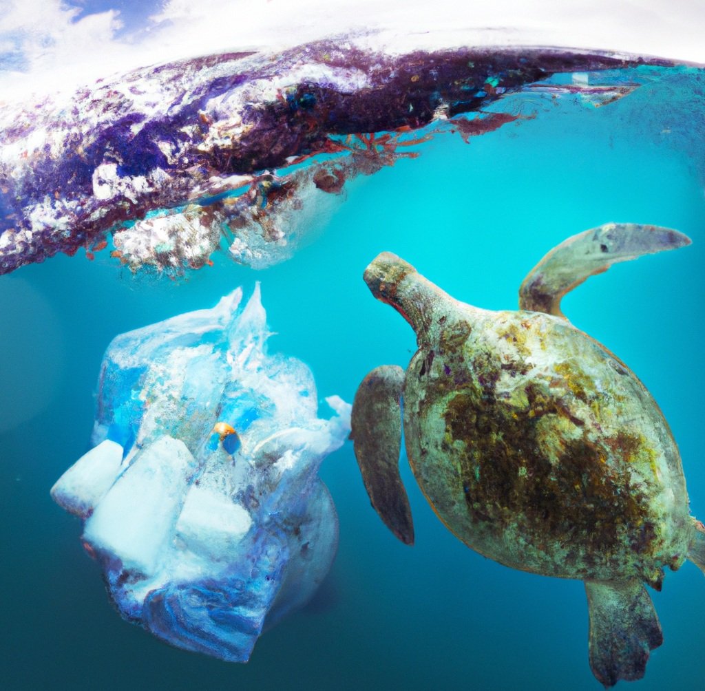 Turtle swimming next to plastic bag