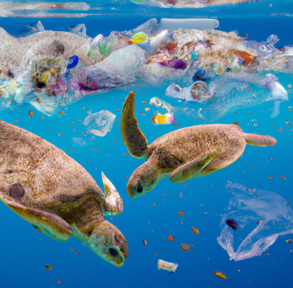 Turtles swimming in water polluted by plastic