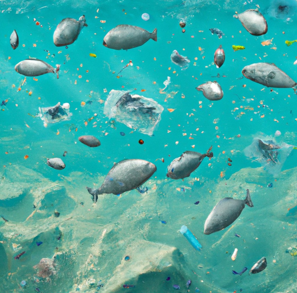 Fish swimming next to plastic debris