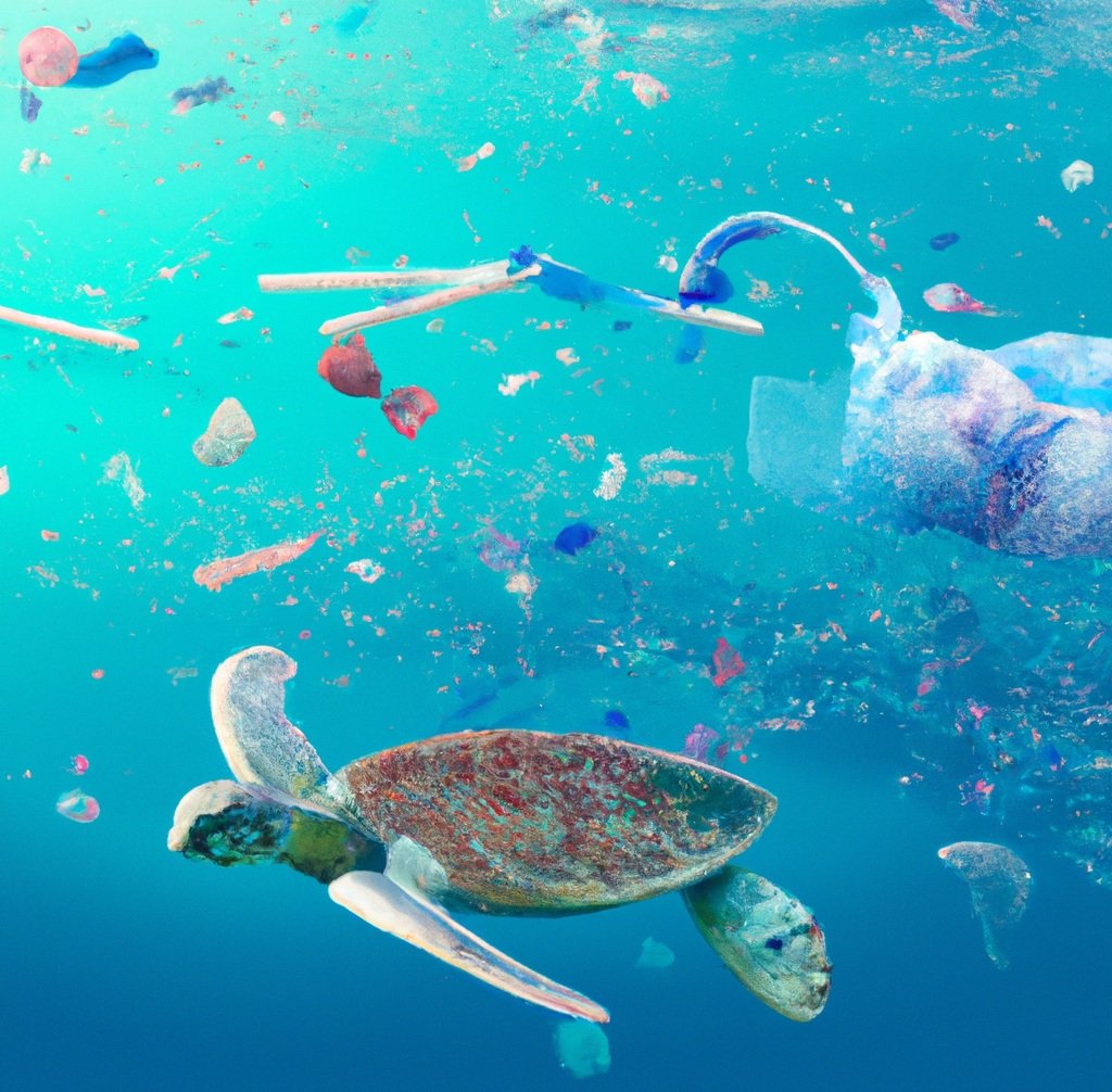 Turtle in water next to plastic debris