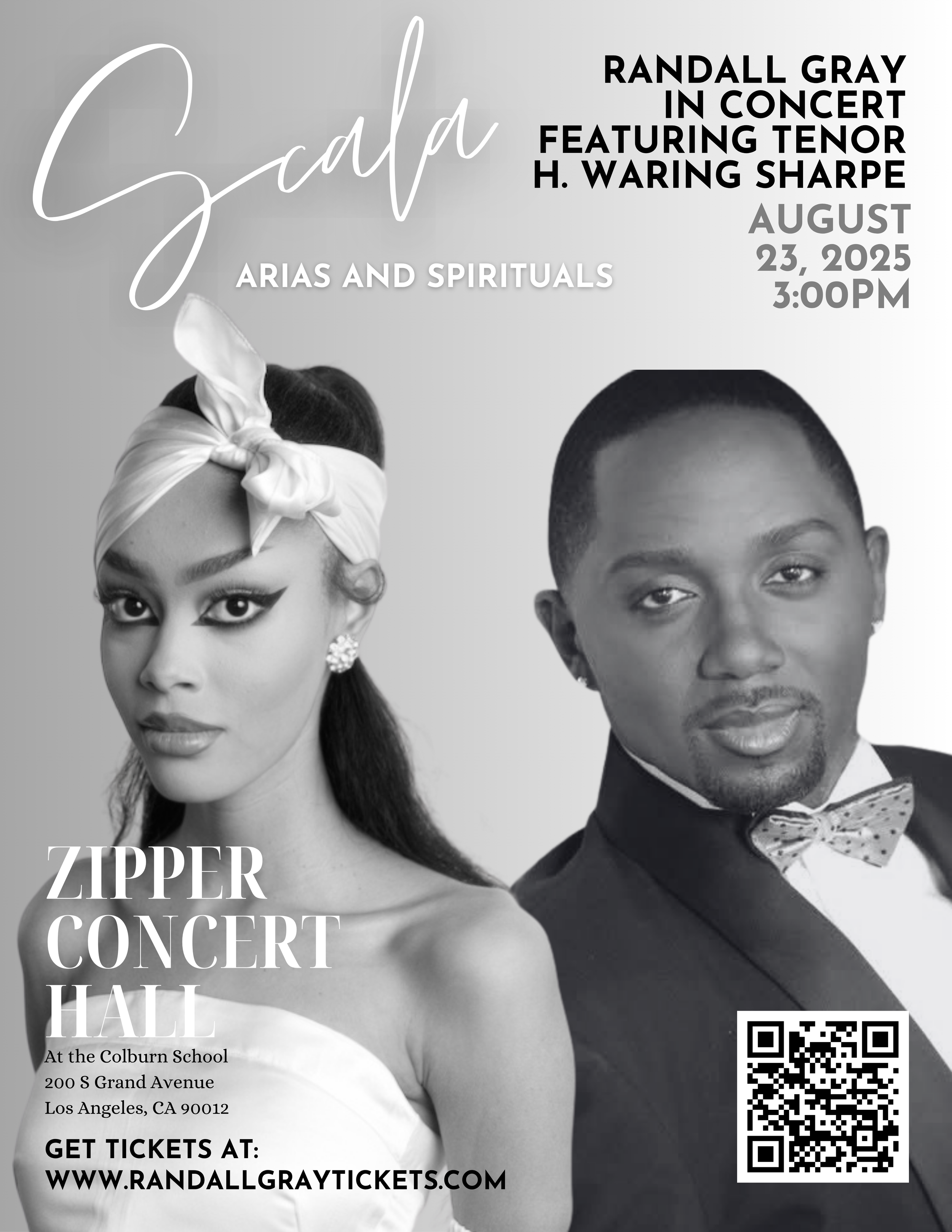 Black and white photo of Ashley Faatoalia and Randall Gray, torn to reveal with event details overlaid. Event features a tenor, Ashley Faatolia, and pianist Catherine Miller.