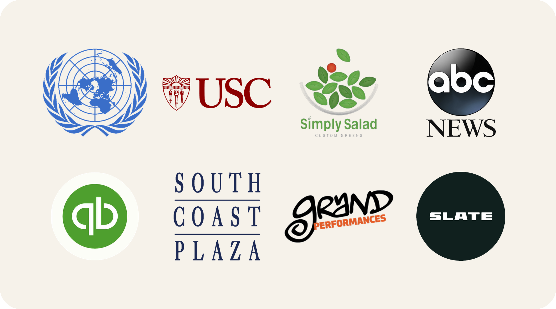 A collage of logos, including the United Nations emblem, USC, Simply Salad, ABC News, QuickBooks, South Coast Plaza, Grand Performances, and Slate, arranged on a light beige background.