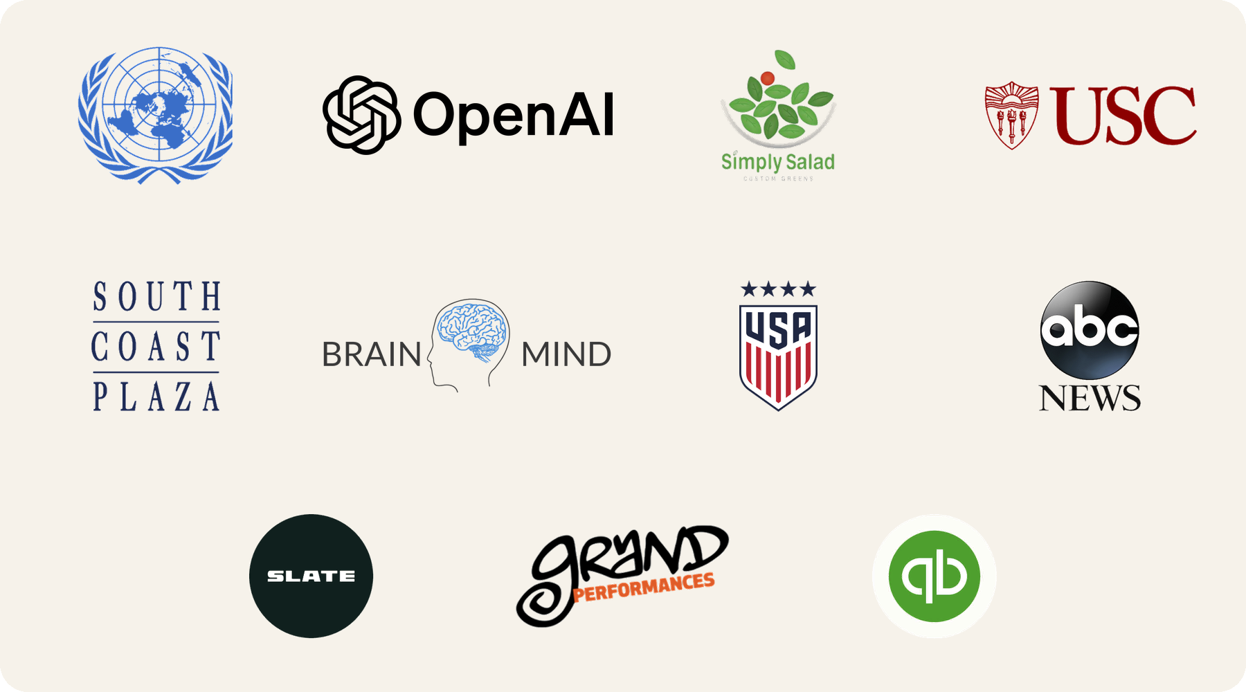 Client logos: United Nations, USC, OpenAI, Simply Salad, ABC News, QuickBooks, South Coast Plaza, BrainMind, Grand Performances, Slate Auto and U.S. Soccer