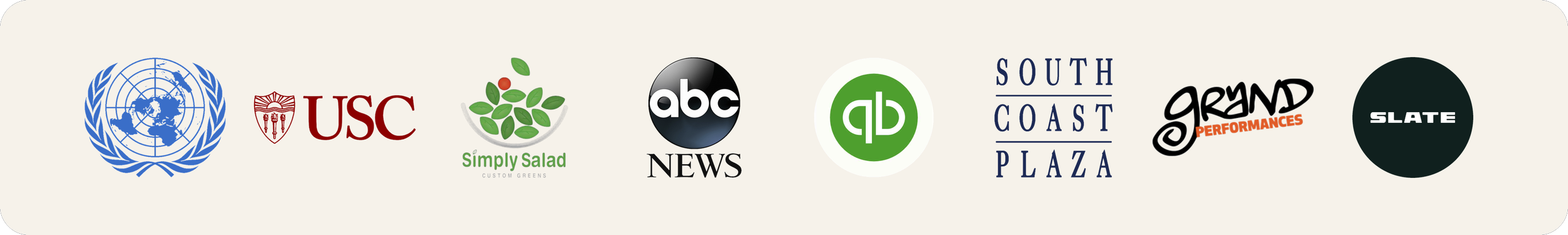 A selection of logo icons, including the United Nations, USC, Simply Salad, ABC News, QuickBooks, South Coast Plaza, Grand Performances, and Slate.