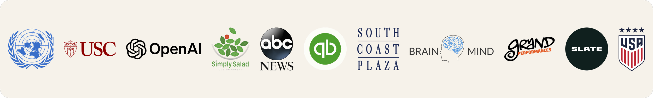 Client logos: United Nations, USC, OpenAI, Simply Salad, ABC News, QuickBooks, South Coast Plaza, BrainMind, Grand Performances, Slate Auto and U.S. Soccer