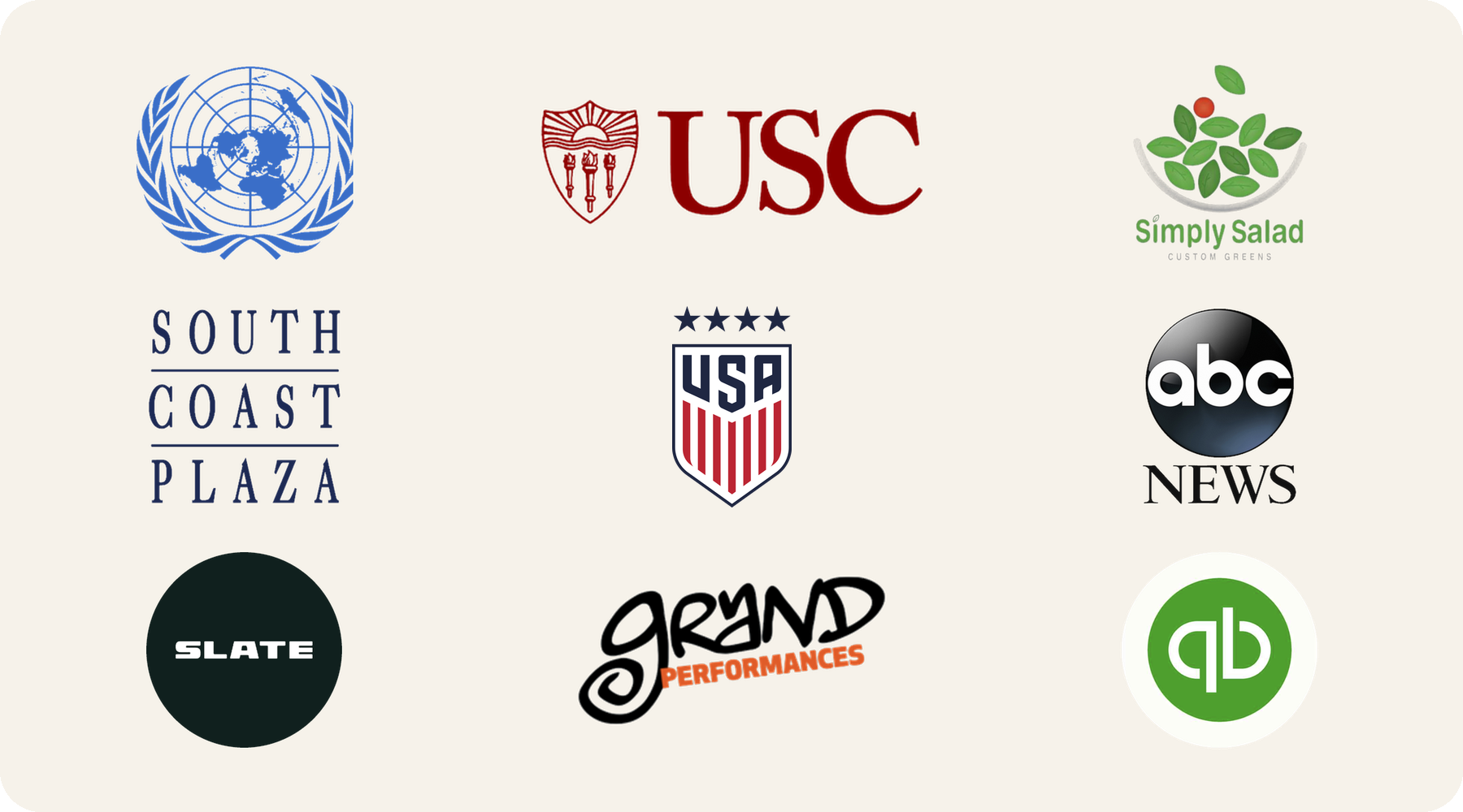 Logos of Media Consulting Coaches clients, including the United Nations, USC, ABC News, Simply Salad, South Coast Plaza, Grand Performances, Slate Auto and USA Soccer.