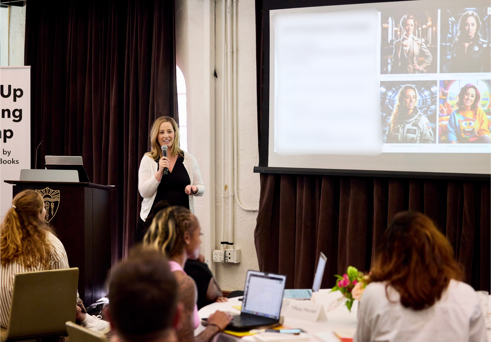 Olivia Smith speaking to an audience with a microphone during a public speaking workshop