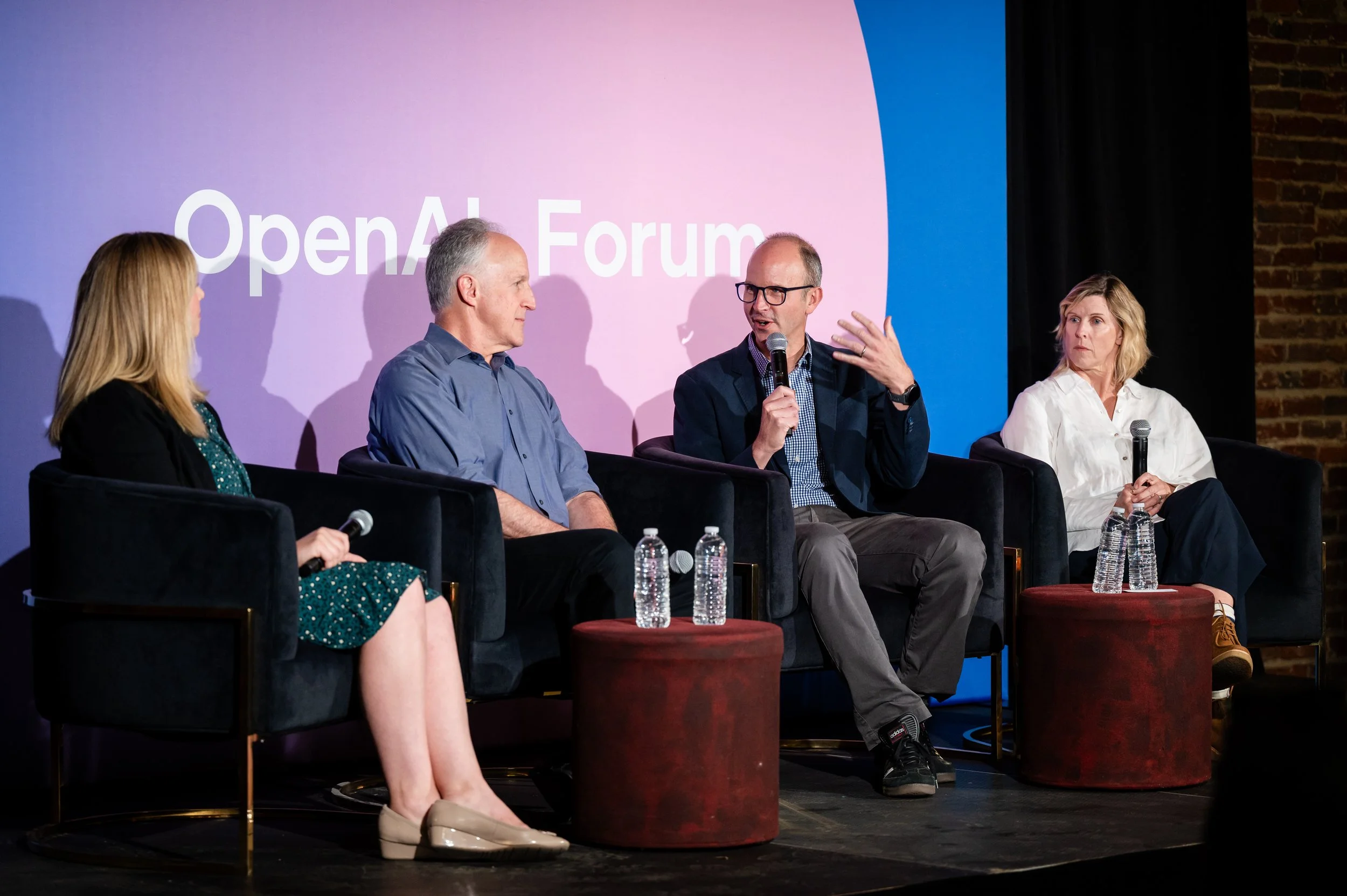 Olivia Smith leads a discussion with CalMatters CEO Neil Chase, San Francisco Standard Editor in Chief Kevin Delaney and LA Local Executive Editor Kristen Muller at the OpenAI Forum