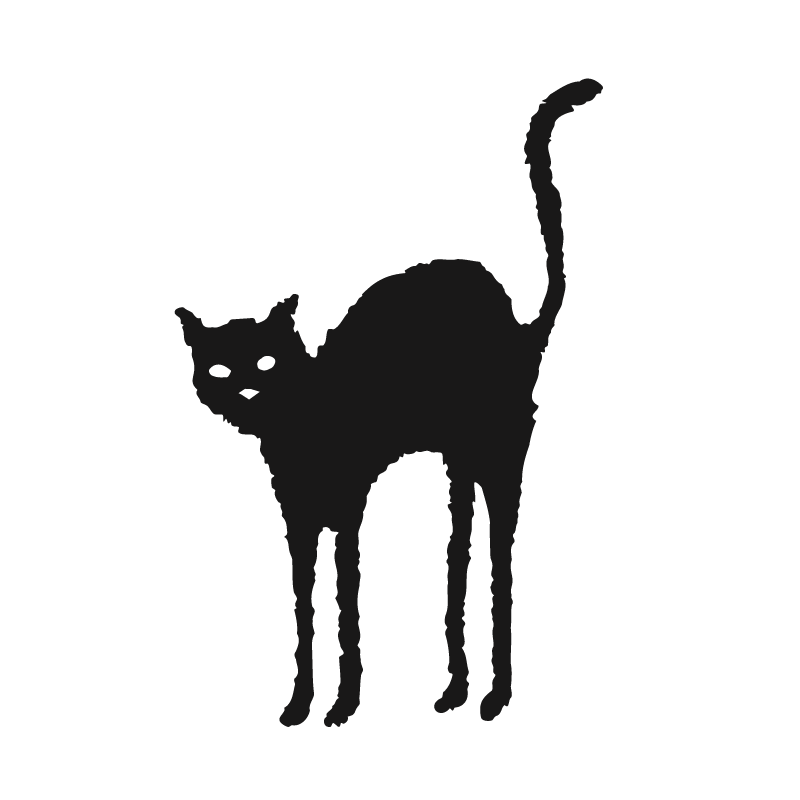 Silhouette of a black cat with green eyes and a curved tail.