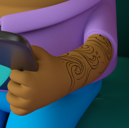 Closeup 3D Art man with purple clothes and arm with tattoo holding drawing tablet by Noah Camp