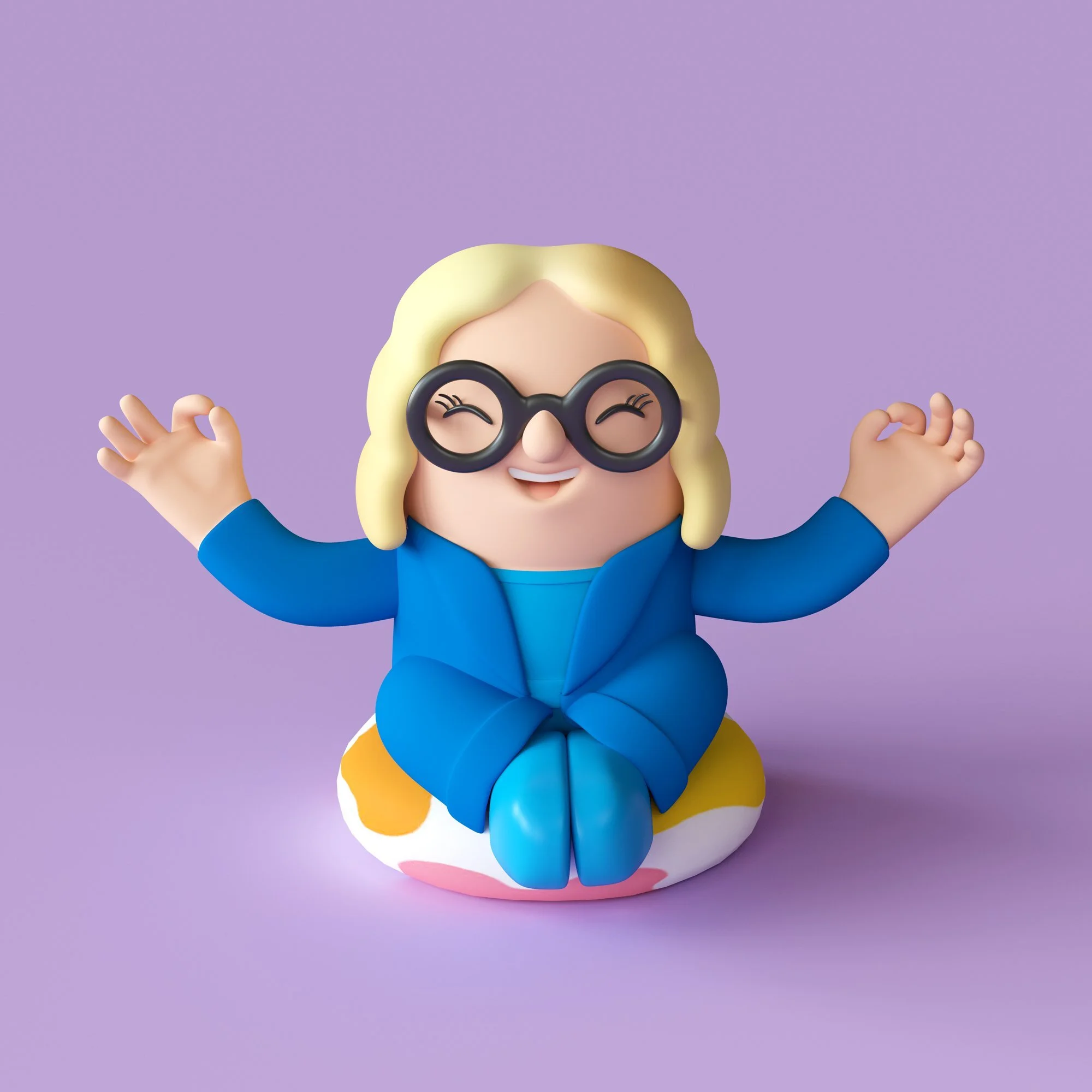 Colorful 3D Art Portrait blond woman wearing blue clothes and eyeglasses, meditating on puff by Noah Camp